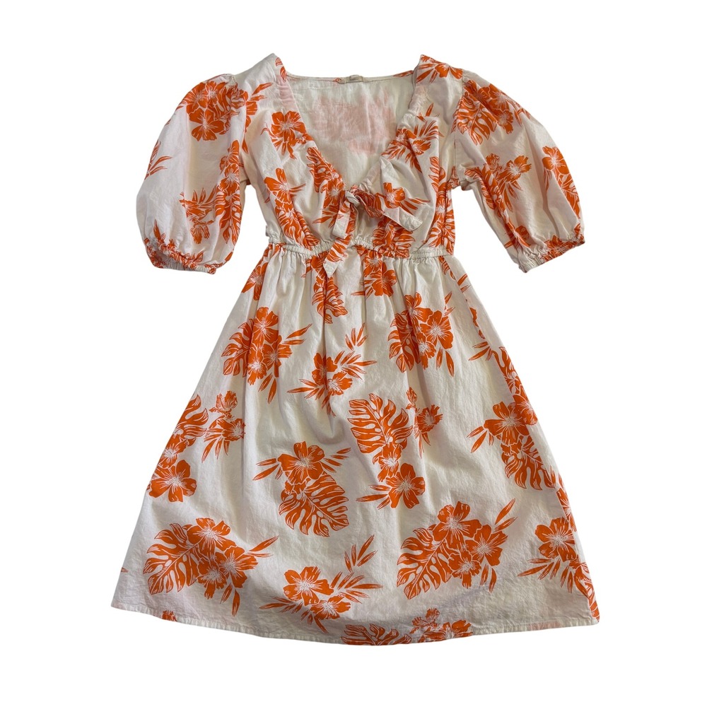Sim & Sam Women Small Orange White Floral Tropical Cotton Tie Front Mini Dress